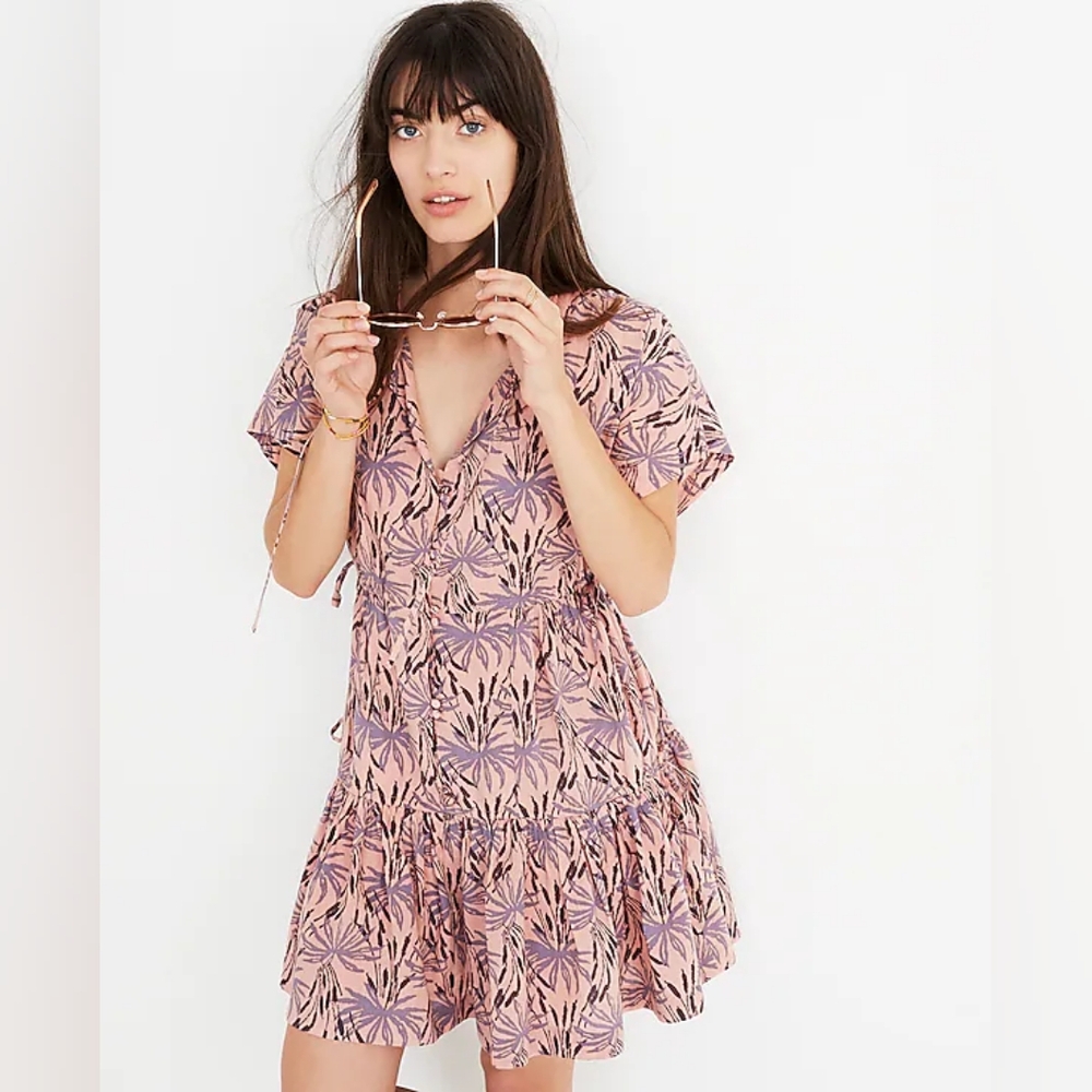 MADEWELL Button-Front Tiered Dress in Oasis Palms Pink Purple Mini Dress XSmall